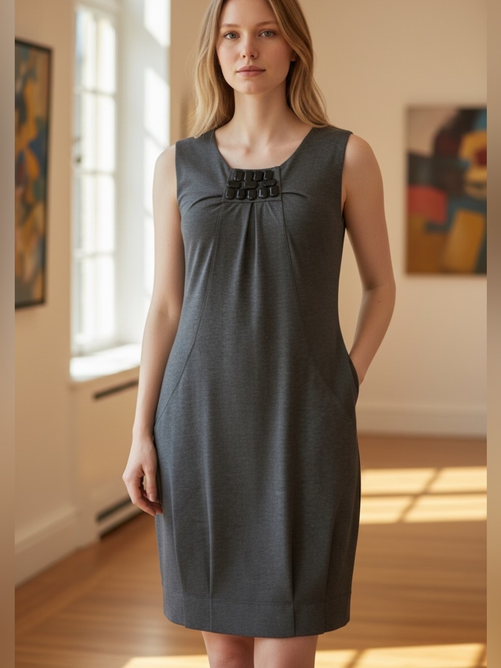 💕Rhapsody Solid Gray Embellished front Scoop Neck Sleeveless Dress Size S